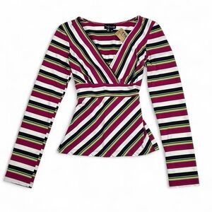 Y2K multicolor stripe long sleeve v neck top with tie back waist